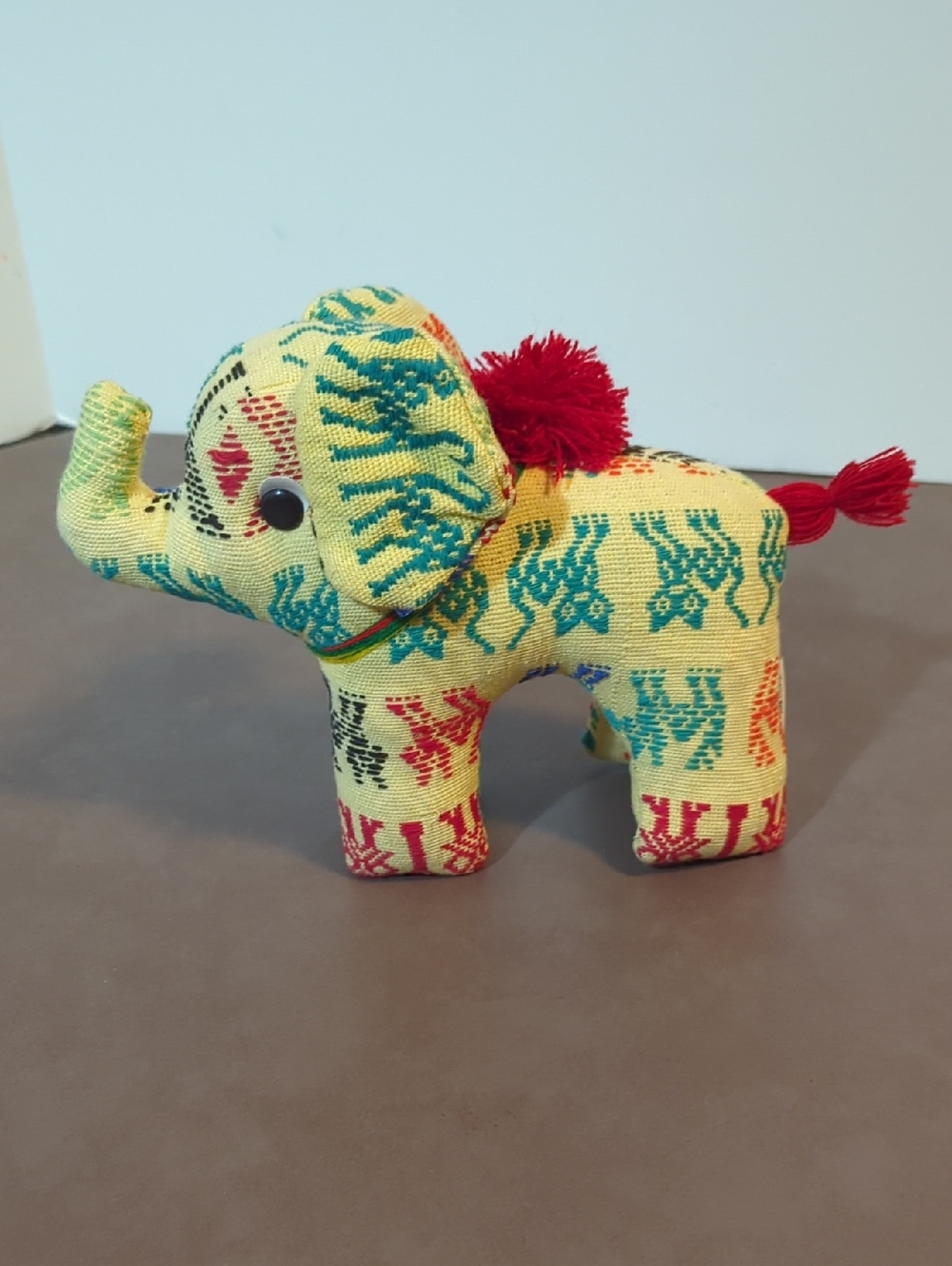 Handmade Plush Stuffed Elephant Made In Guatemala Colorful Woven Pom Pom